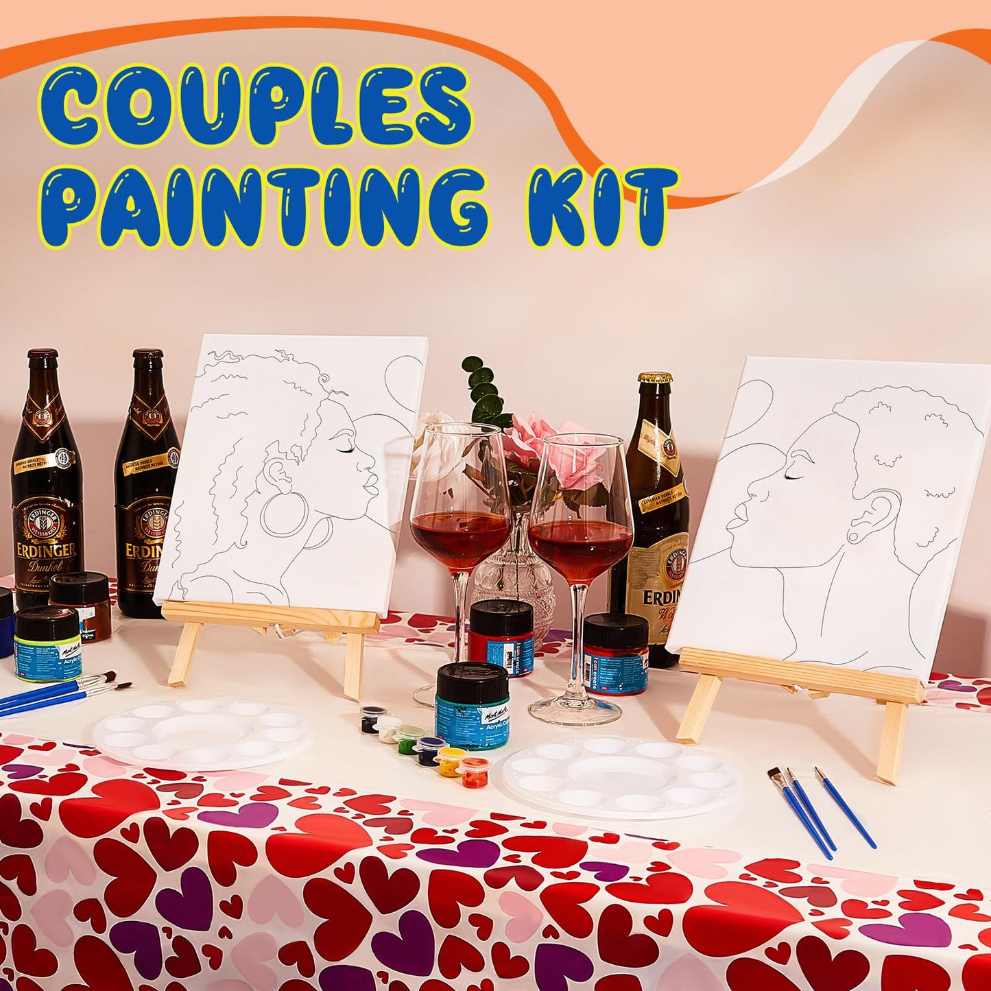 Yeaqee 13 Pcs Sip and Paint Kit Valentines Couple Painting Kit Supplies Canvas Painting Art Painting Set Pre Drawn Stretch Canvas Kit for Couple Date - WoodArtSupply