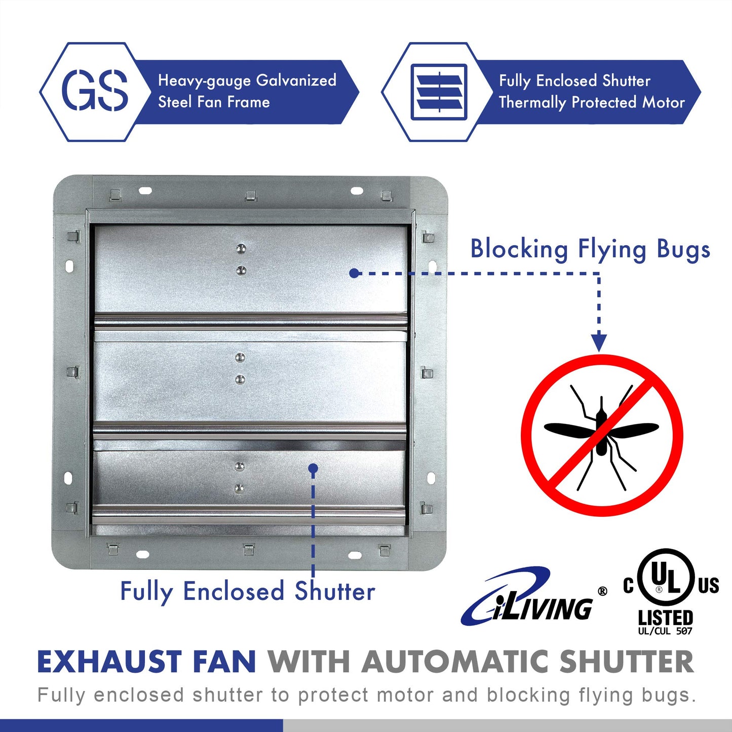 iLIVING 12" Wall Mounted Shutter Exhaust Fan, Automatic Shutter, with Thermostat and Variable Speed controller, 0.6A, 960 CFM, 1400 SQF Coverage Area