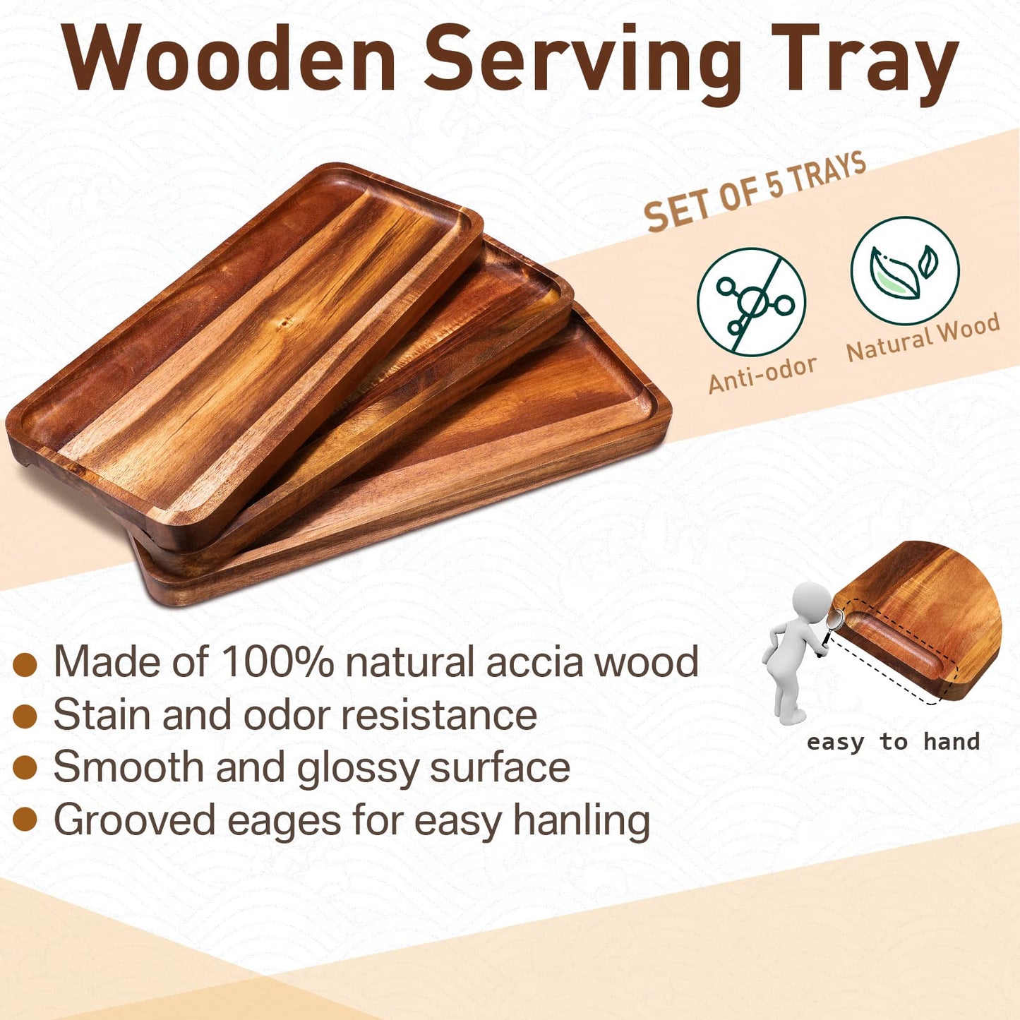 5 Pack Solid Acacia Wood Serving Trays, 14 x 5.5 Inches Rectangular Wooden Serving Board for Food Appetizer Serving Tray Plates for Vegetables Fruit