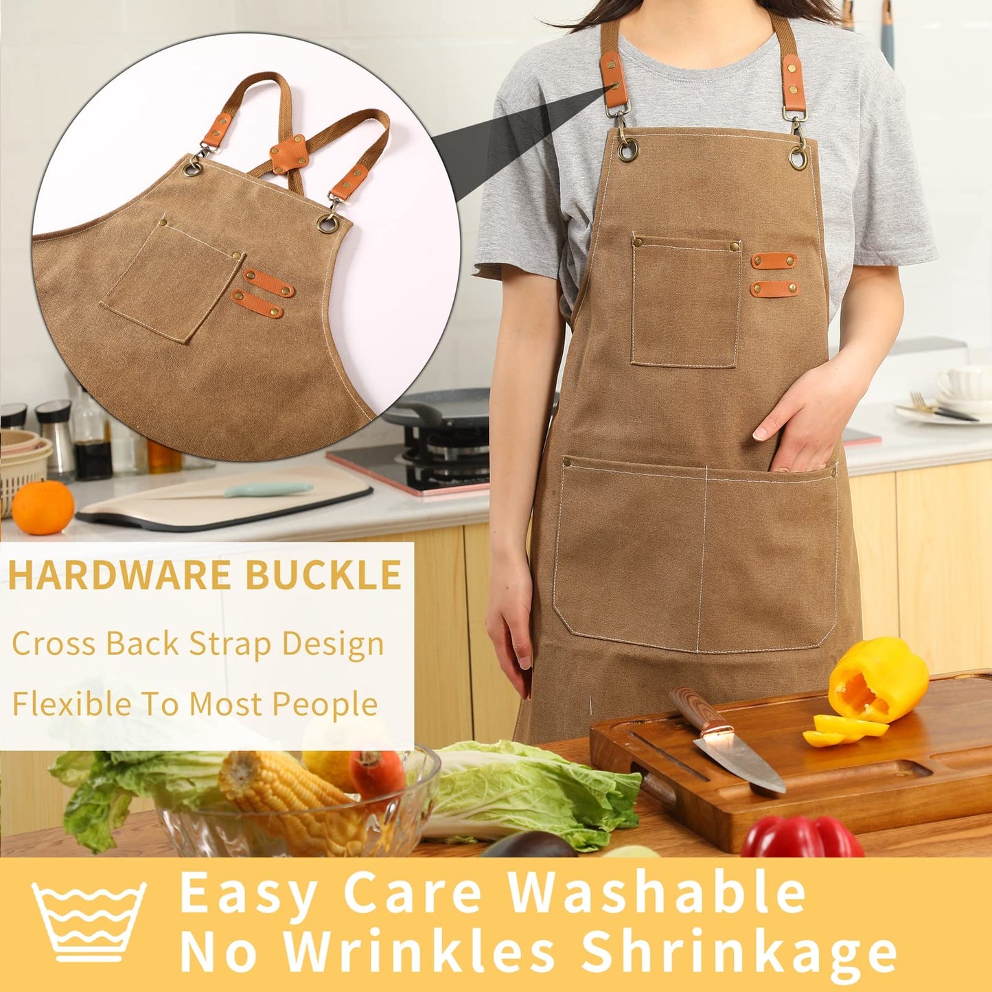 Tosewever Canvas Cross Back Chef Apron for Men Women with Adjustable Straps Large Pockets, Waterdrop Kitchen Heavy Duty Cotton Aprons for Tool - WoodArtSupply