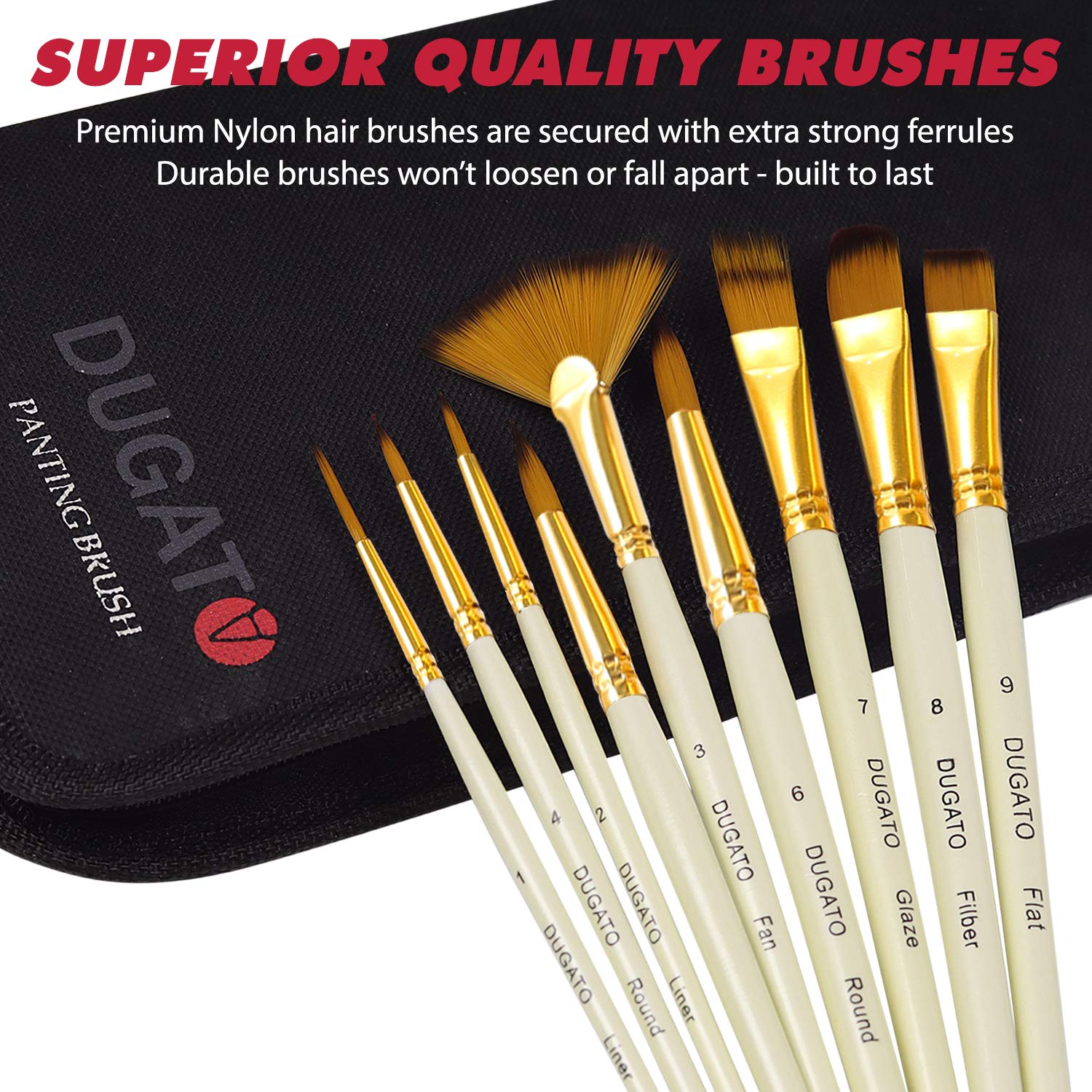 DUGATO Artist Paint Brush Set 15pcs Includes Pop-up Carrying Case with Painting Knife and 2 Sponges for Acrylic, Oil, Watercolor, Art, Scale Model, DUGATO