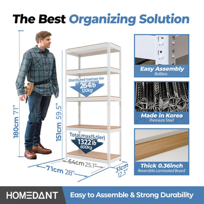 HOMEDANT 5 Tier Laminated White Metal Shelving Unit Adjustable Garage Storage Utility Rack Heavy Duty Shelves Organization Multipurpose Shelf