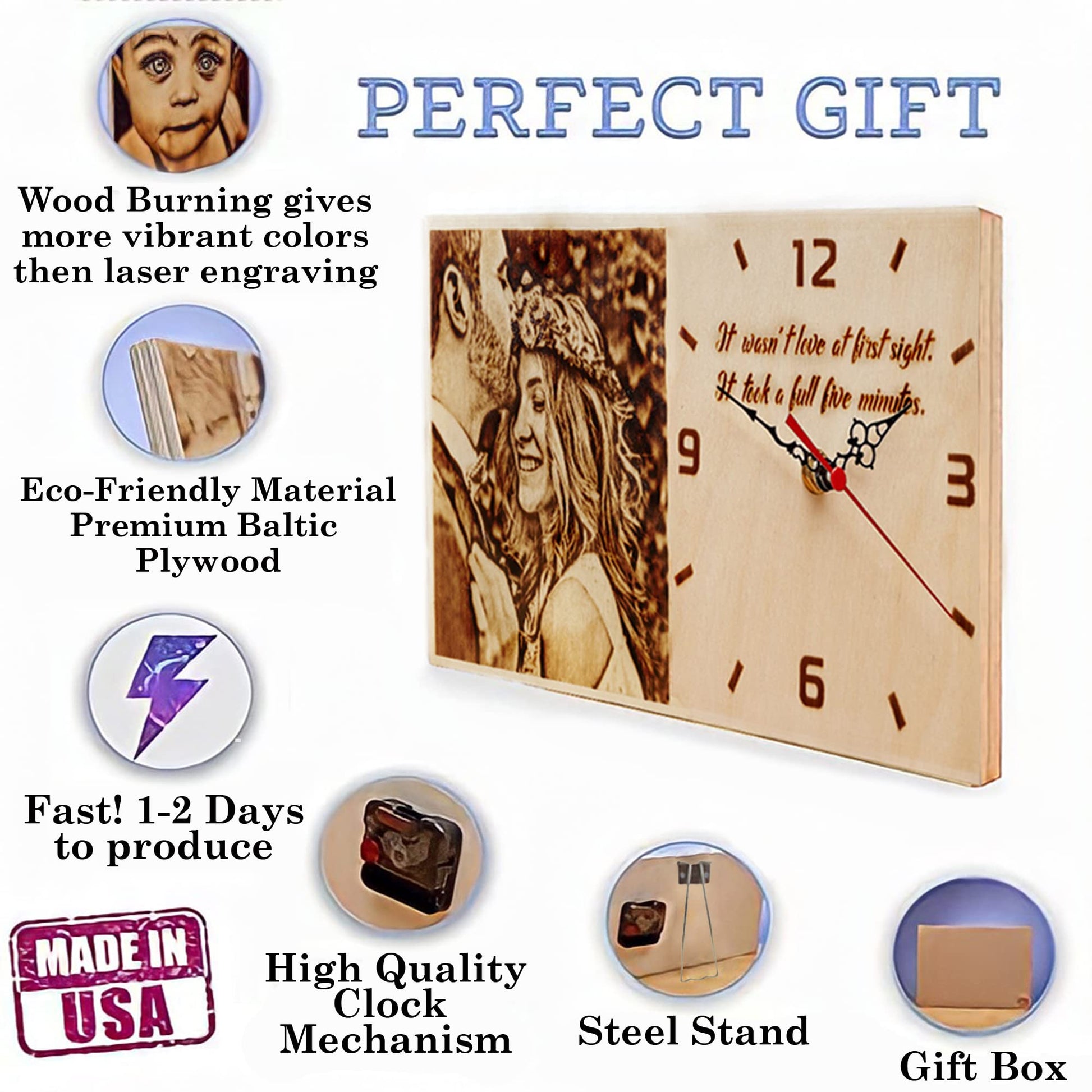 Personalized Wood Burned Photo Clock - Valentines Day Gifts for Her - Wife - Traditional Gifts for 5 Year Anniversary - Custom Wooden Photo Gifts - - WoodArtSupply