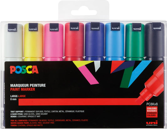 POSCA Mitsubishi Pencil PC8K8C Water-Based Pen, Broad Point, Square Core, 8 Colors - WoodArtSupply