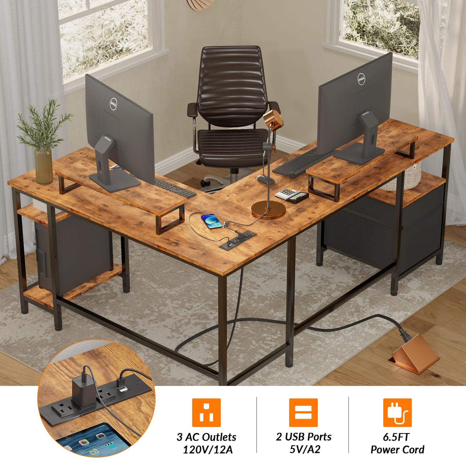 Furologee 66” L Shaped Desk with Power Outlet, Reversible Computer Desk with File Drawer & 2 Monitor Stands, Home Office Desk with Storage Shelves, Furologee