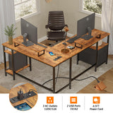 Furologee 66” L Shaped Desk with Power Outlet, Reversible Computer Desk with File Drawer & 2 Monitor Stands, Home Office Desk with Storage Shelves, Furologee