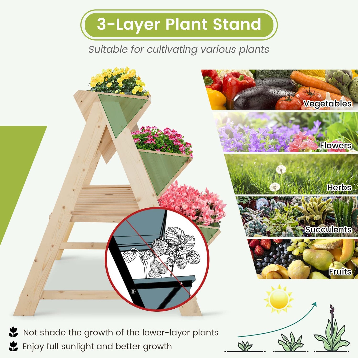 S AFSTAR 3-Tier Vertical Garden Bed, Wooden Elevated Planter Bed with Legs, Storage Shelf, 2 Hooks, Raised Bed Kit for Flower Vegetable Herb, Outdoor S AFSTAR