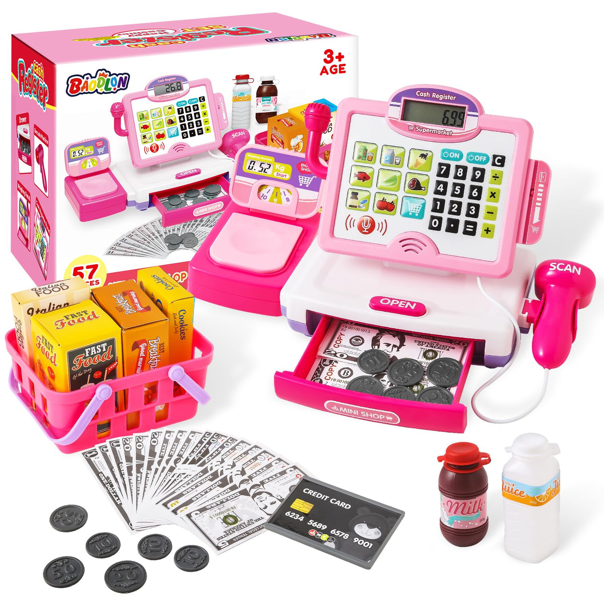 Pretend Play Calculator Cash Register Toy Gift for Kids Girls Age 3, 4, 5, 6, 7, 8+ Year Old, 57 Pcs Pink Grocery Store Playset, Incl Microphone, BAODLON