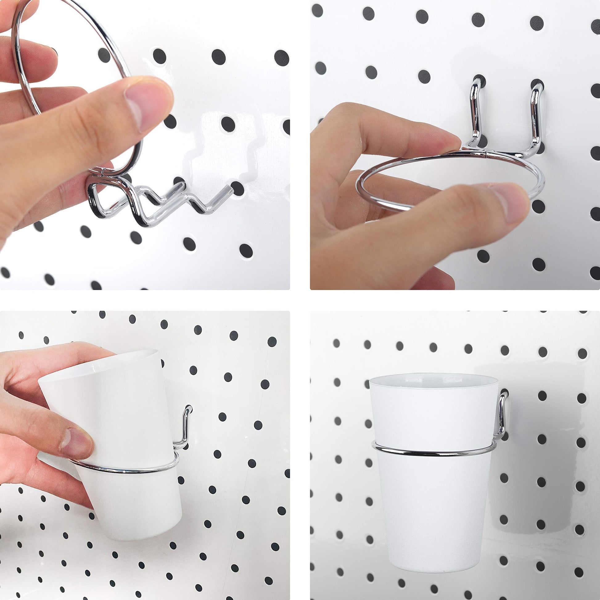Kuhome 6 Sets Pegboard Hooks with Pegboard Cups Ring Style Pegboard Bins with Rings Pegboard Cup Holder Accessories for Organizing Storage (White)
