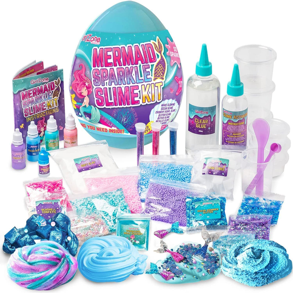 GirlZone Egg Surprise Mermaid Sparkle Slime Kit, 39 Pieces to Make Glow in The Dark Slime with Glitter Slime Add Ins, for Girls 8-12 GirlZone