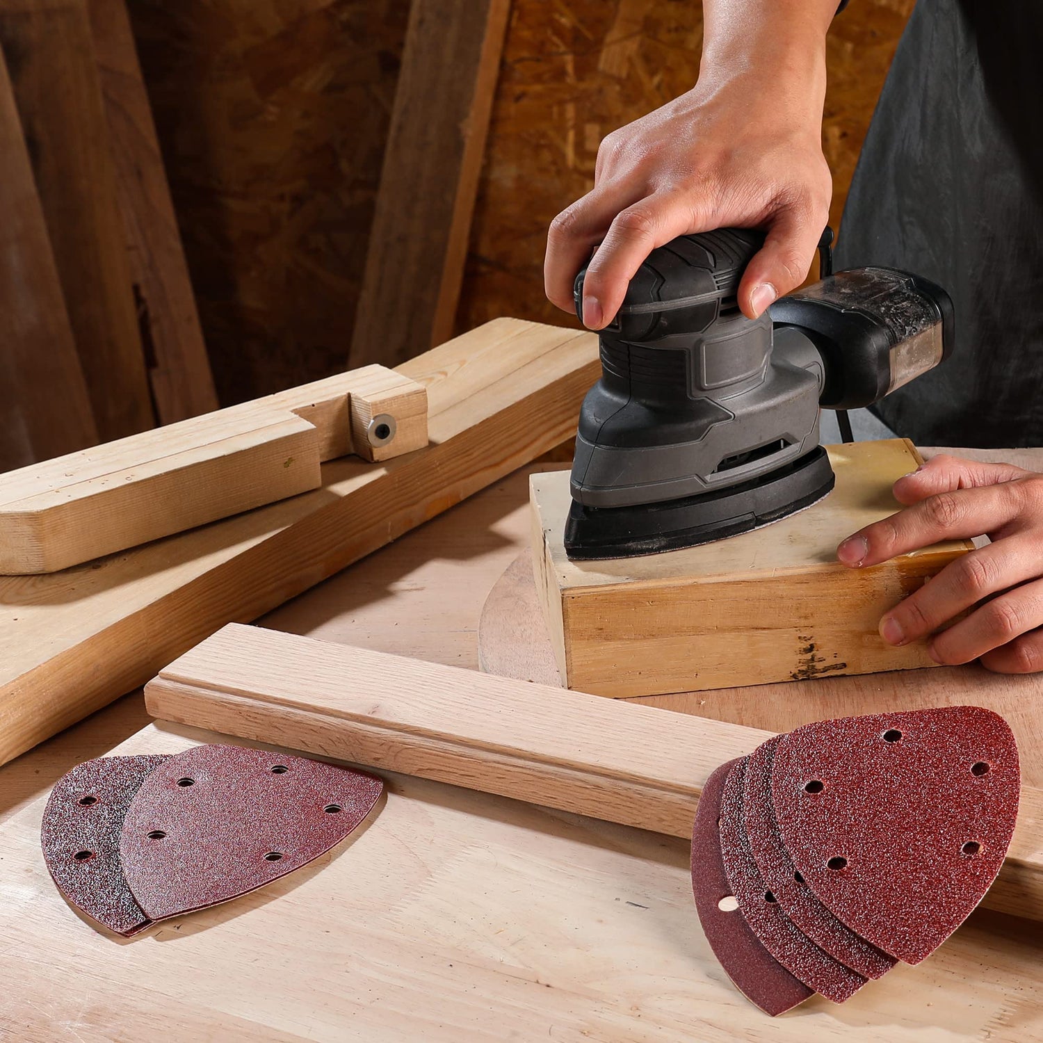 WORKPRO 150PCS Mouse Sander Pads, 5 Hole Detail Sander Sandpaper Sanding Sheets, 40/80/120/180/240 Assorted Grits for Wood Furniture WORKPRO