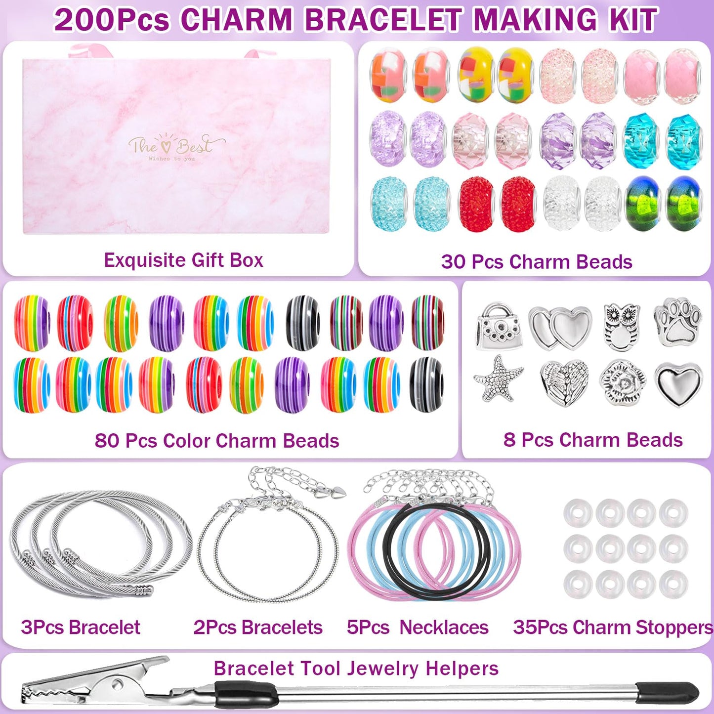 200 Pcs Charm Bracelet Making Kit, Jewelry Making Supplies Beads, Bracelets Kits for Girl Age 6-12 Unicorn Mermaid Craft Toy Set for 5 6 7 8 9 10 12