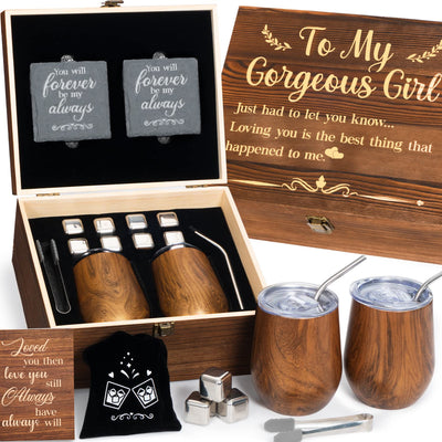 Gift for Her Anniversary Best Birthday Gifts for Girlfriend, Wine Tumbler Gift Set Wood Anniversary 5 Year Gift for Her Romantic, 1st Anniversary for