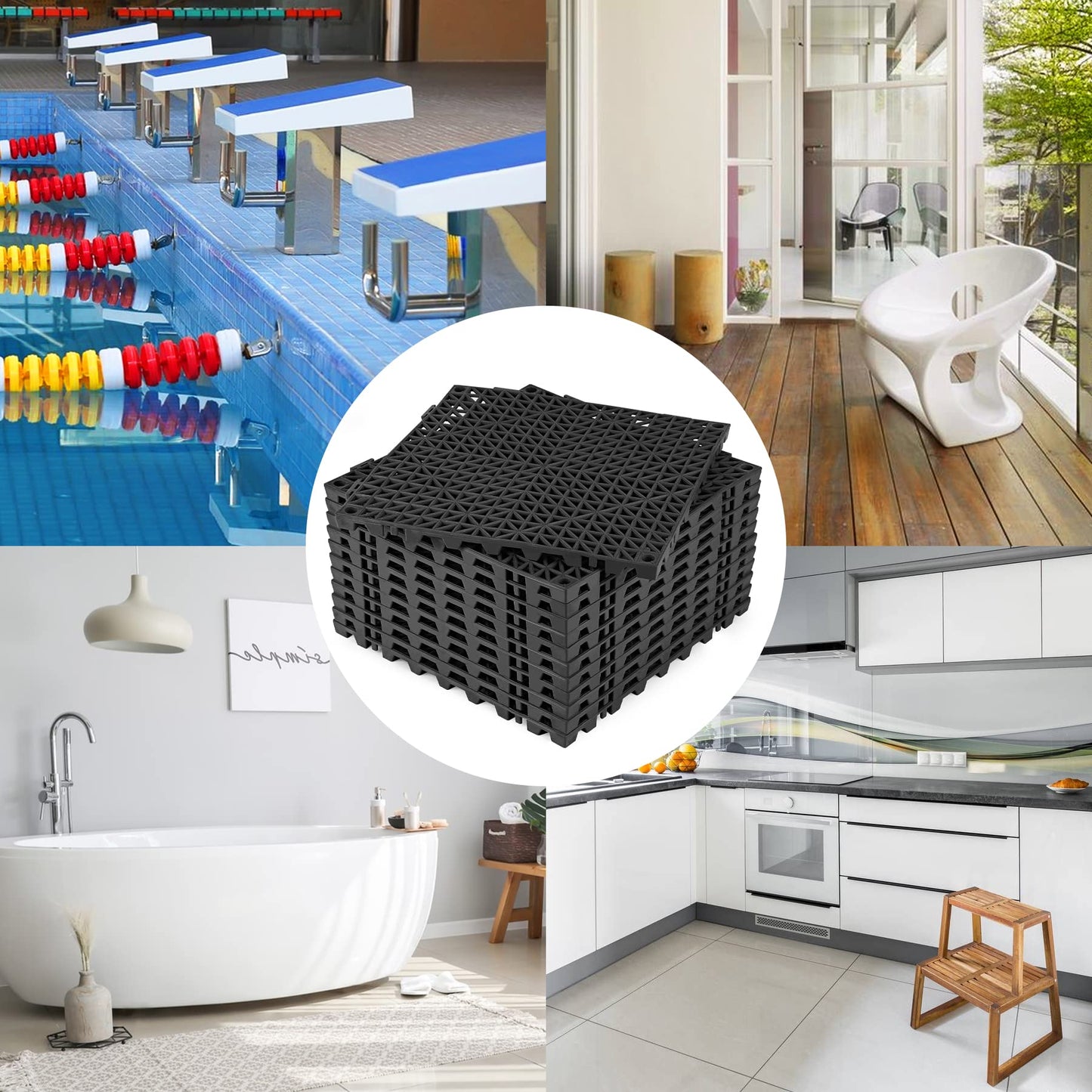 Modular Interlocking Cushion 12 Pcs 11.8" x 11.8" Interlocking Rubber Floor Drain Holes Non-Slip Splicing Drainage Mats for Deck, Shower, Kitchen,