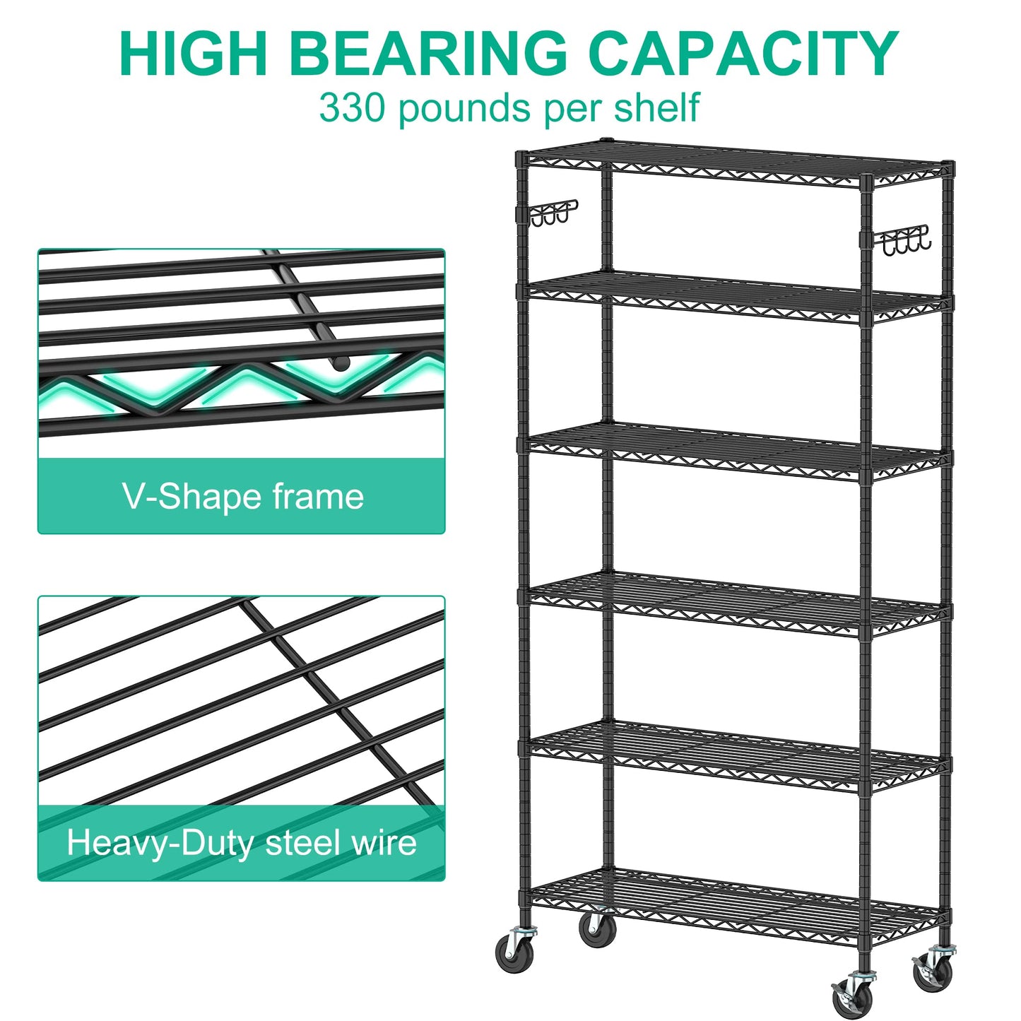 Folews 6-Tier Wire Shelving Unit with Wheels, Metal Storage Shelves Adjustable Layer Storage Rack Organizer Steel Utility Shelf for Home Kitchen - WoodArtSupply