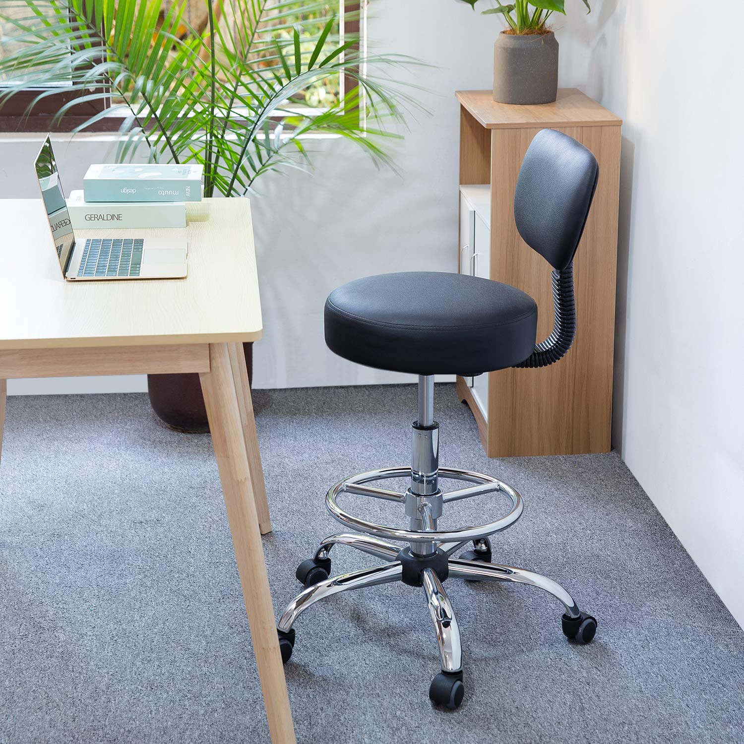 KLASIKA Drafting Swivel Chair with Back Support and Adjustable Footrest Rolling Stool, Multi-Purpose Office Desk Chair for Bar Kitchen Shop, Black KLASIKA