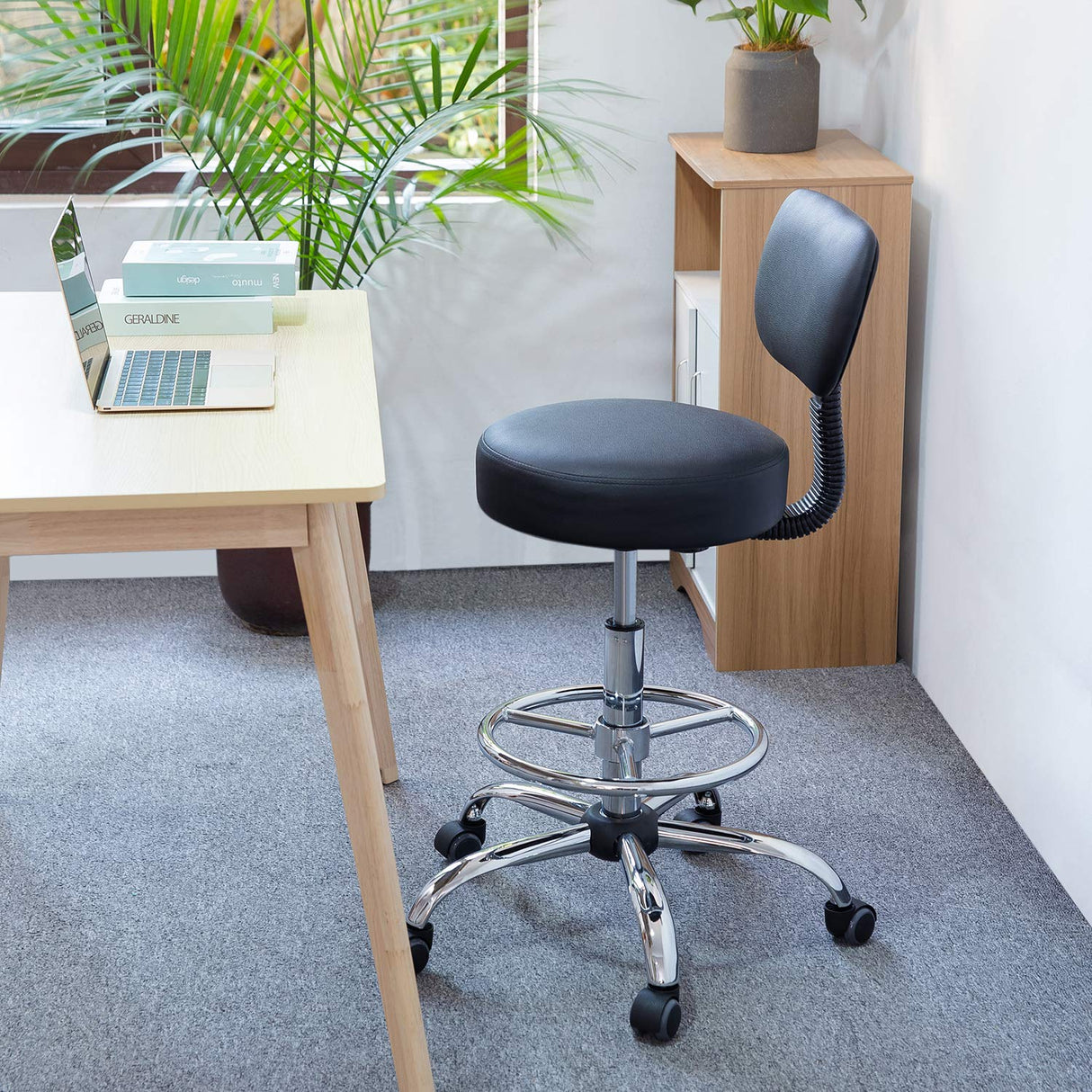 KLASIKA Drafting Swivel Chair with Back Support and Adjustable Footrest Rolling Stool, Multi-Purpose Office Desk Chair for Bar Kitchen Shop, Black KLASIKA
