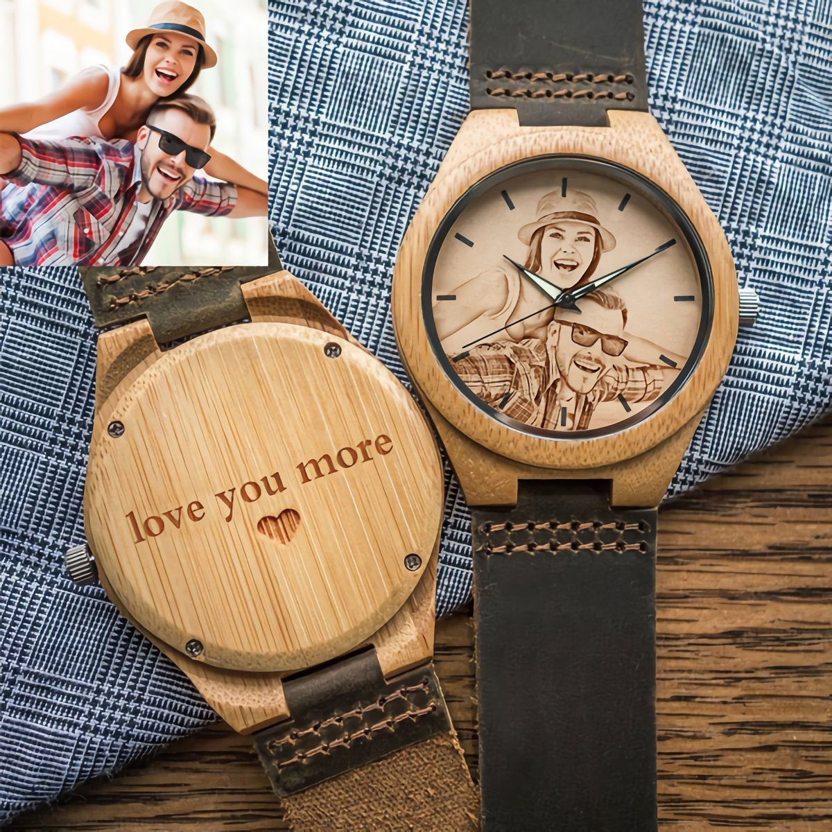 Godchoices Personalized Customized Wooden Watch with Photo Or Message Double-Side Engraving for Personalized Gift (40MM, Brown) Godchoices