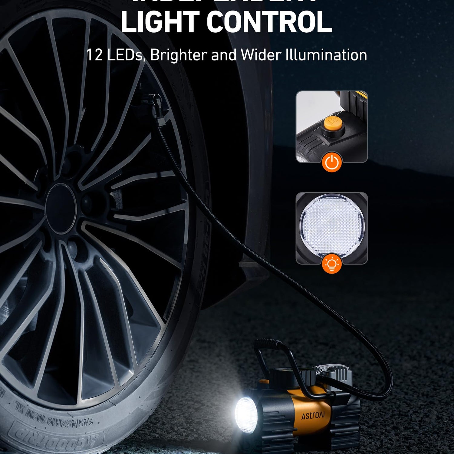 AstroAI Tire Inflator Portable Air Compressor (Up to 150 PSI) Tire Pump for Car 12V DC Digital Air Pump with 12 LEDs Super Bright Light for Bicycle, AstroAI