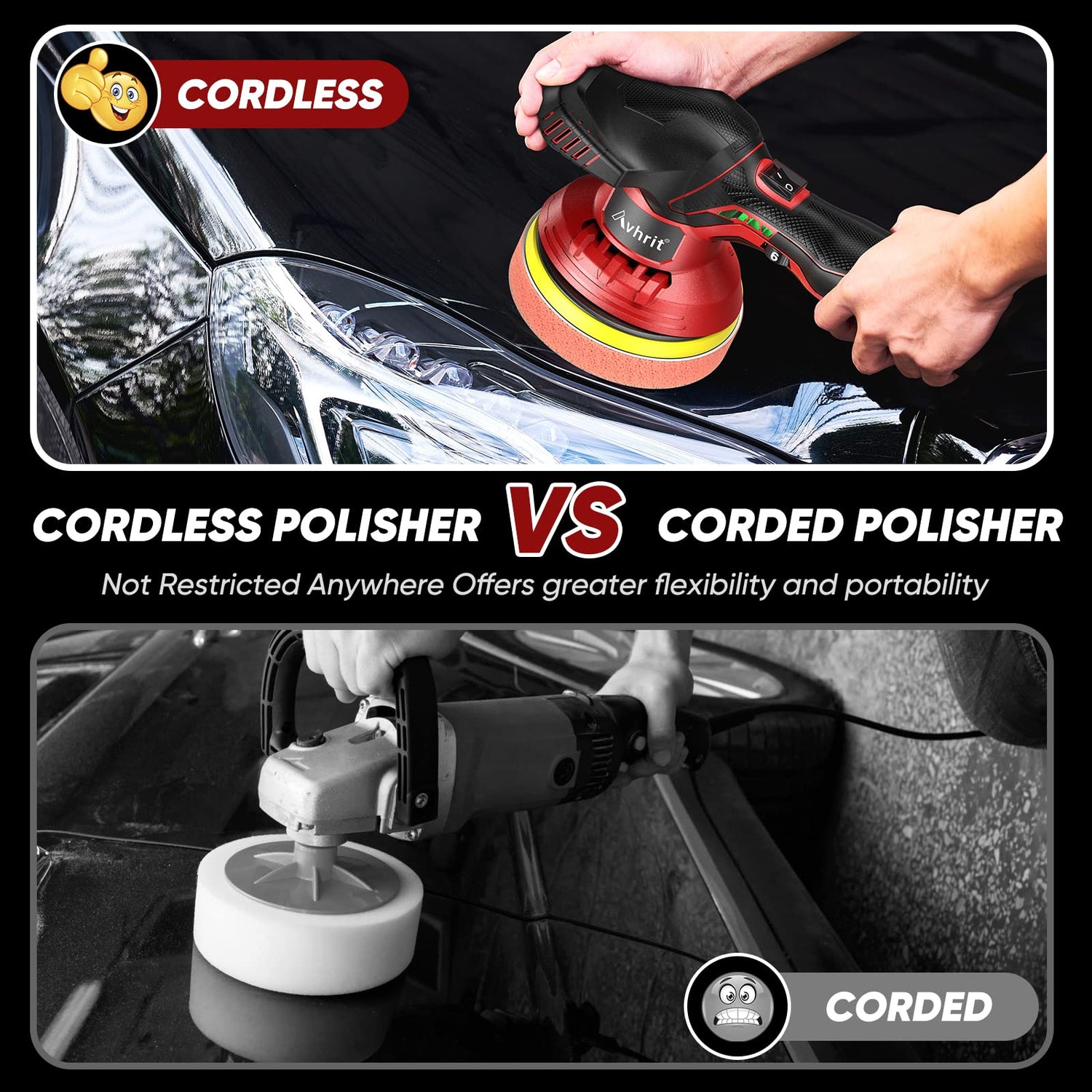 Avhrit Cordless Car Buffer Polisher kit w/ 2x2000mAh 12V Batteries, 6 Inch Car buffer Waxer Kit w/ 6 Variable Speed & Extra 26 PCS Attachments, Avhrit