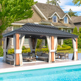 MELLCOM Gazebo 12' x 20', Wooden Finish Coated Thicker Aluminum Frame Gazebo with Galvanized Steel Roof, Outdoor Patio Gazebos with Curtains and MELLCOM
