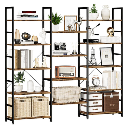 NUMENN Triple Wide 5 Tier Rustic Industrial Bookshelf with 14 Open Display Shelves - WoodArtSupply