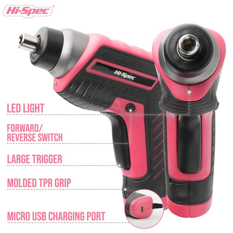 Hi-Spec 35pc Pink tool kit with 3.6V USB Electric Screwdriver and drill set. Complete women tool set Hi-Spec