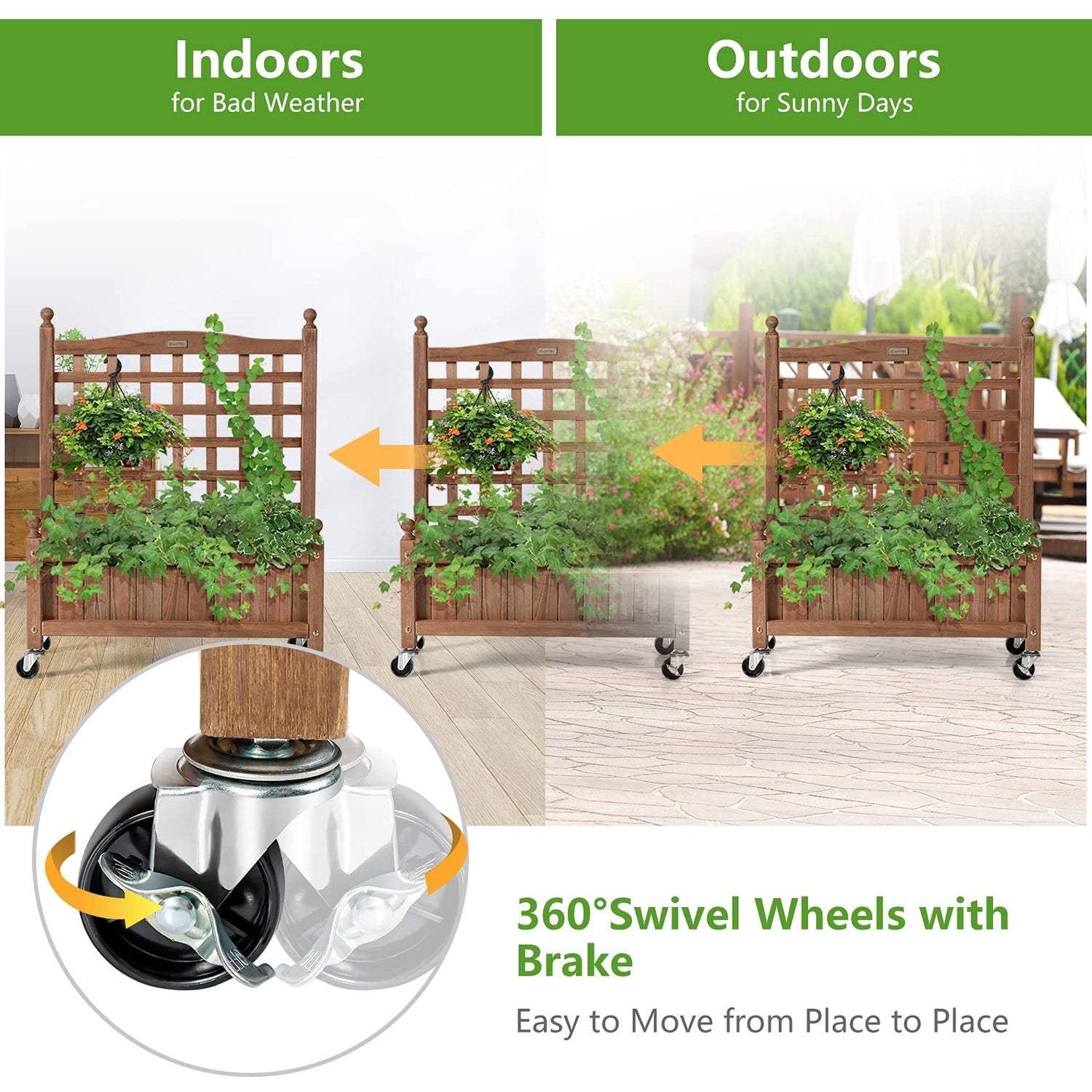 Giantex Mobile Plant Raised Bed, Wood Planter with Lattice Trellis and Wheels, Flower Box for Plant Climbing, Vertical Garden for Balcony Patio Yard Giantex