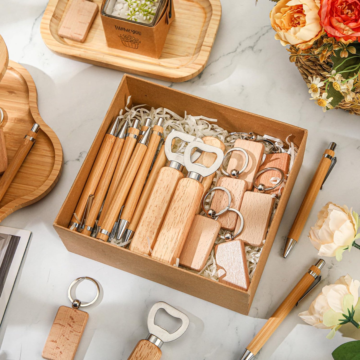 SiliFine 60 Pcs Laser Blanks Product Laser Engraving Material Kit Including DIY Wooden Blank Bottle Opener, Wooden Keychain, and Bamboo Pen for SiliFine