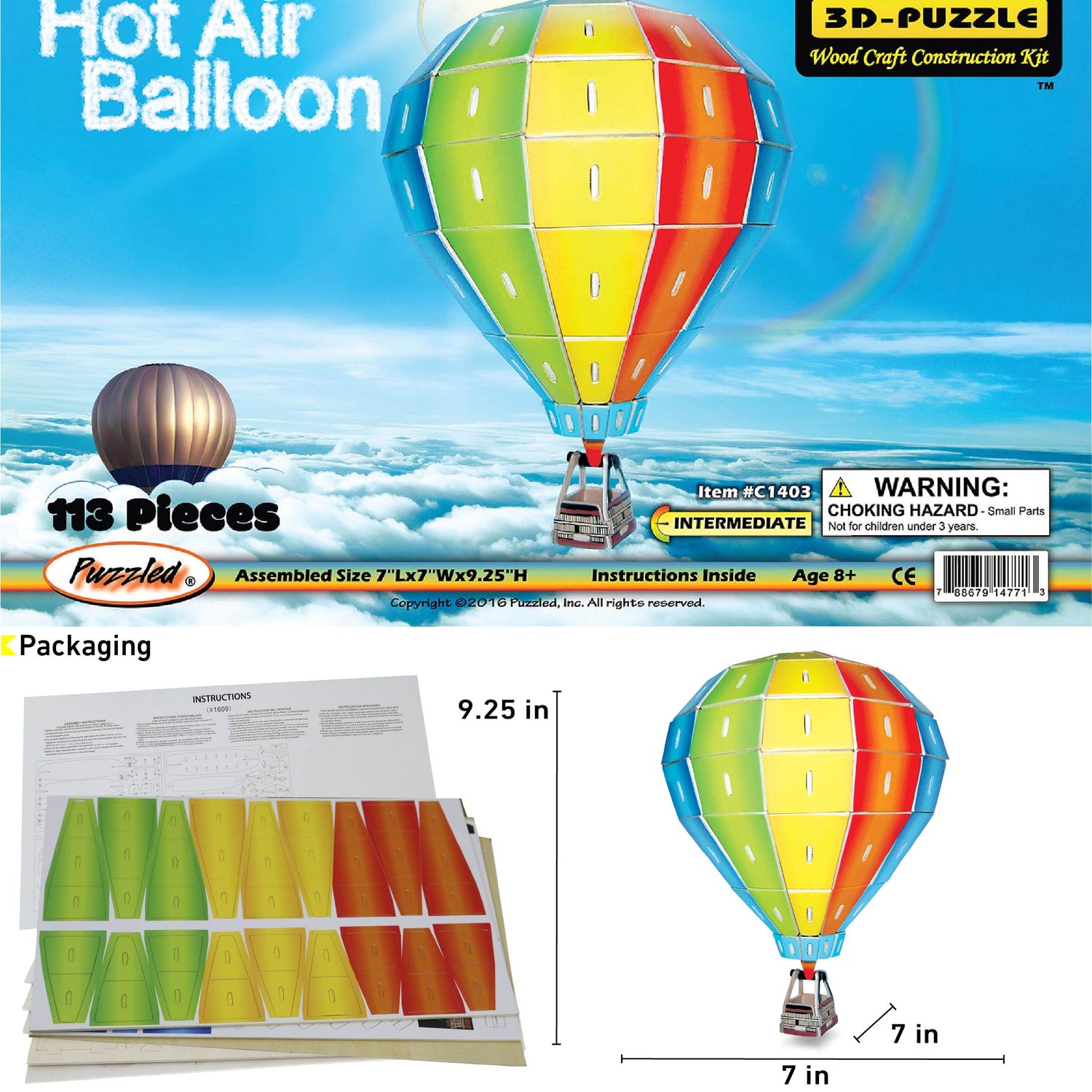 Puzzled Hot Air Ballon Pre-Colored 3-D Wooden Puzzle Construction Kit - Air Planes/Vehicles Theme - Affordable Gift for Kids and Adults - Item #C1403 - WoodArtSupply