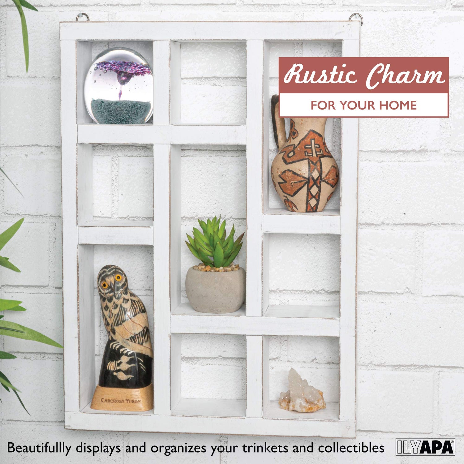 Ilyapa Rustic Wood Knick Knack Floating Shelf Weathered White - Wall Mounted or Freestanding Farmhouse Decor Display Case for Essential Oils, Ilyapa