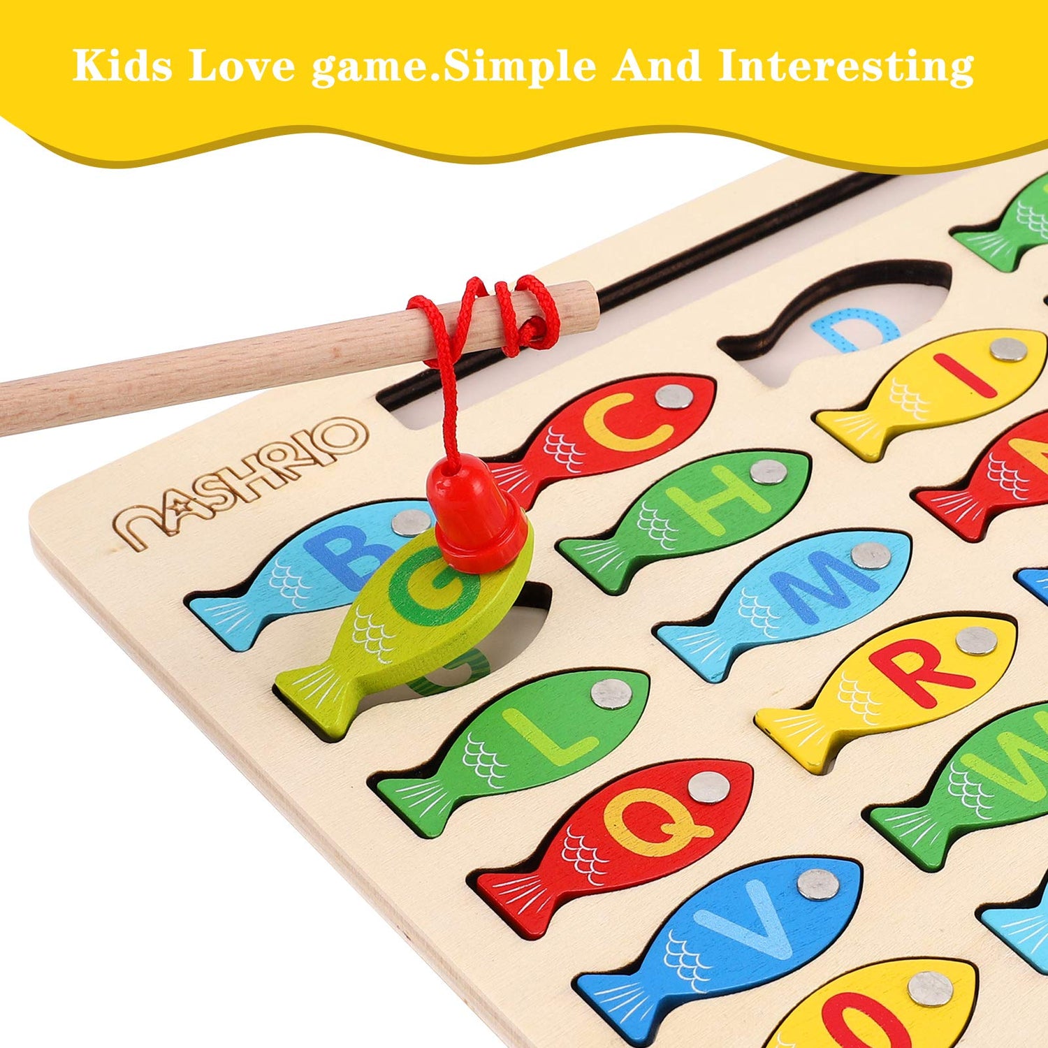 Magnetic Wooden Fishing Game Toy for Toddlers, Alphabet Fish Catching Counting Games Puzzle with Numbers and Letters, Preschool Learning ABC Math NASHRIO