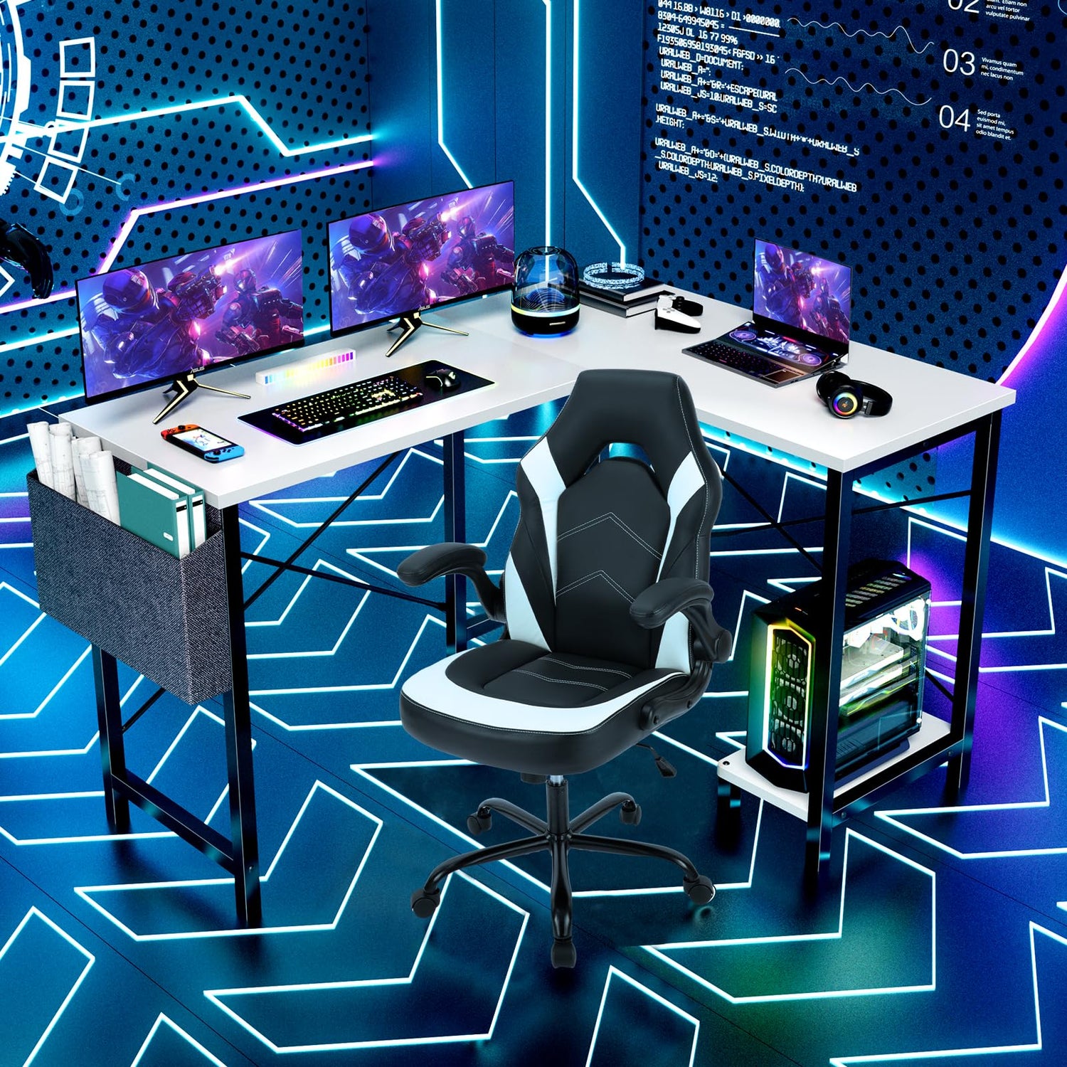 Sweetcrispy L Shaped Computer Desk - Gaming Table Corner Desk 50 Inch PC White Writing Desk Study Desks with Wooden Desktop CPU Stand Side Bag Sweetcrispy