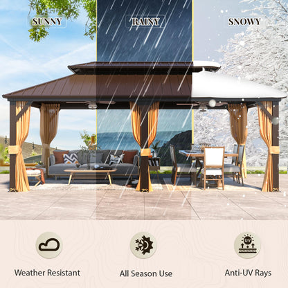 YOLENY 12' x 20' Gazebo, Hardtop Gazebo with Galvanized Steel Roof, Double Roof Gazebo with Aluminum Frame, Outdoor Gazebo with Curtains and