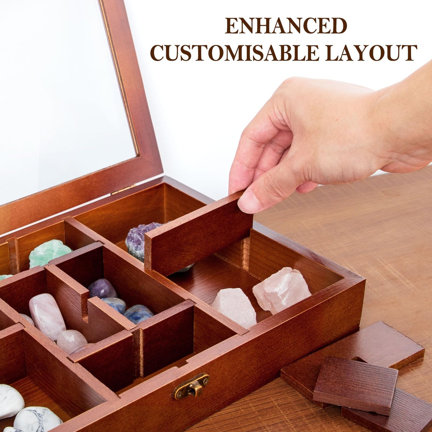 Mooncraftlogy Adjustable Rock Display Case, Crystal Collection Box with Shelves, Wood Witchy Stones Organizer Storage,Gem Holder with Lid for Mooncraftlogy