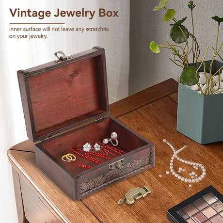 Vintage Decorative Wooden Box with Lock and Key, Wooden Box with Hinged Lid Wooden Jewelry Box Keepsake Storage Box Treasure Jewelry Chest Box HERCHR