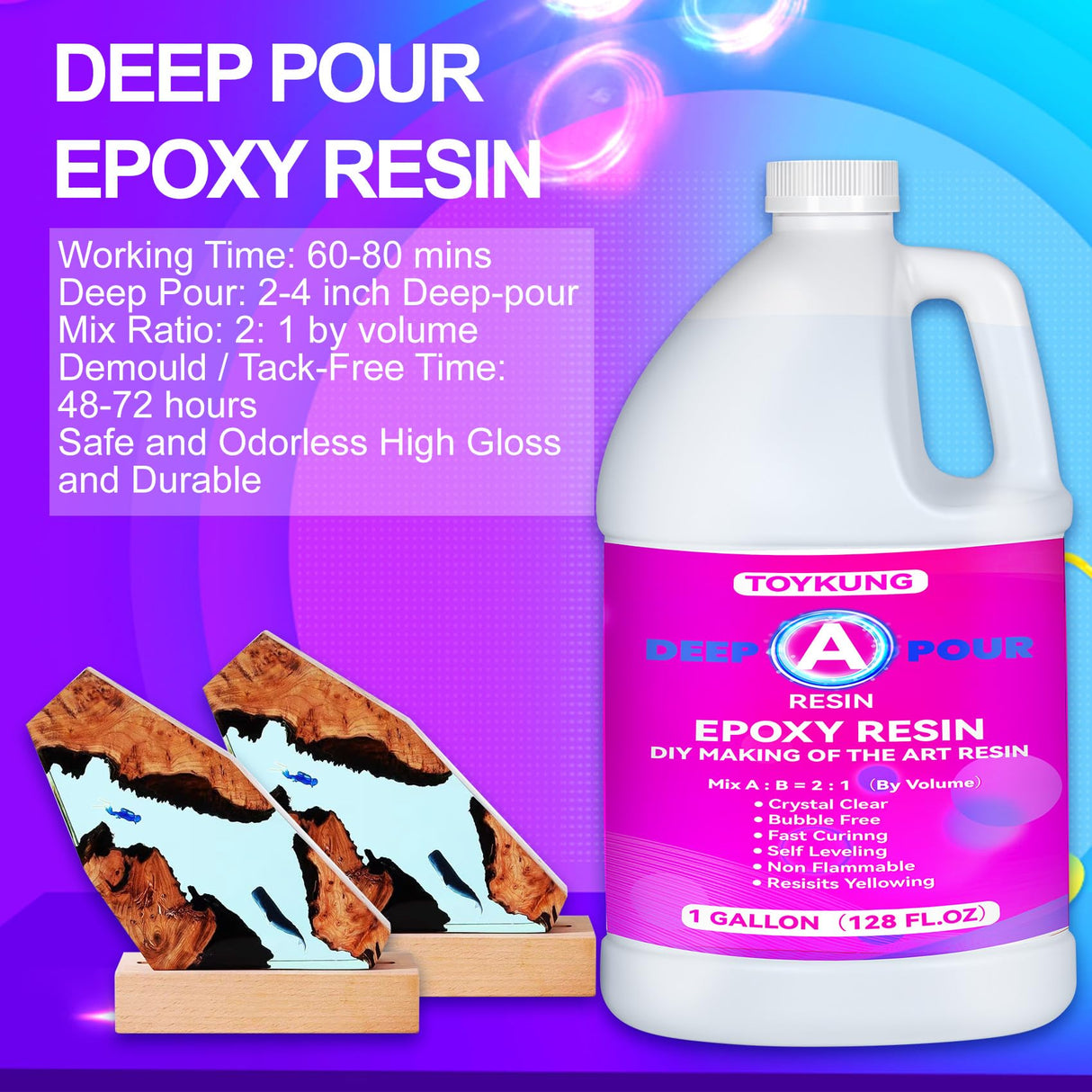 Deep Pour Epoxy Resin, 1.5 Gallon 2 to 4 Inch Depth Epoxy Resin Kit Crystal Clear Bubble Free High Gloss Self Leveling for River Table Top, Bar Top, Toykung