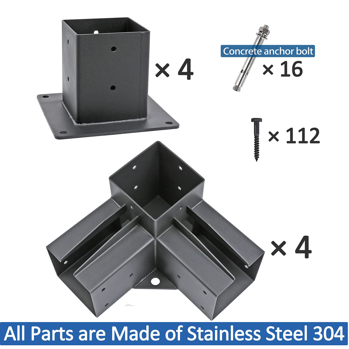 Deck Man 4x4(Actual Size: 3.5x3.5inch) Stainless Steel 3-Way Right Corner pergola Bracket with 4 Flange Anchors，Pergola/Gazebo kit (4 Pack) Deck Man
