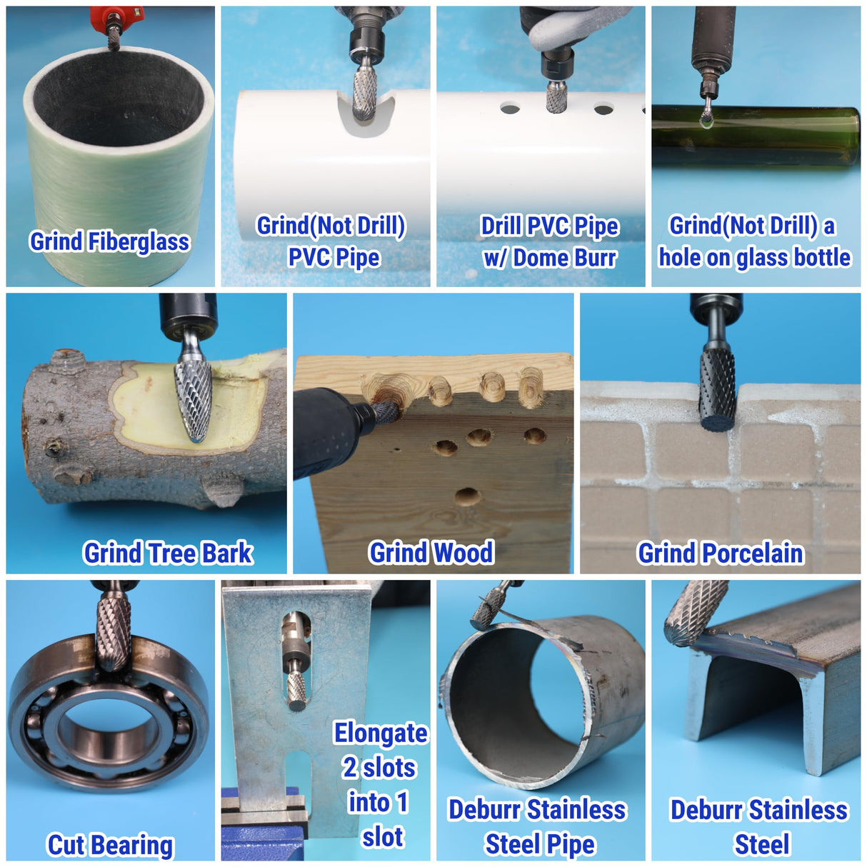 Sworker Carbide Burr Set 1/4" Shank 10PCS w/ Wood Base Die Grinder Bits Rotary Rasp File for Metal Welds Concrete Stone Wood Plastic Carving Cutting Sworker