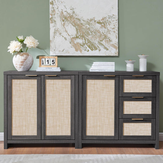 OAKHAM HOME Hampstead Storage Cabinet Set, Rattan Sideboard Buffet Cabinet with 3 Doors and 3 Drawers, 65.4" Large Kitchen Cabinet Console Cabinet - WoodArtSupply