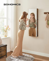 SONGMICS Jewelry Cabinet Armoire, Lockable Wall-Mounted Storage Organizer Unit with 2 Plastic Cosmetic Trays, Full-Length Frameless Mirror, Textured SONGMICS