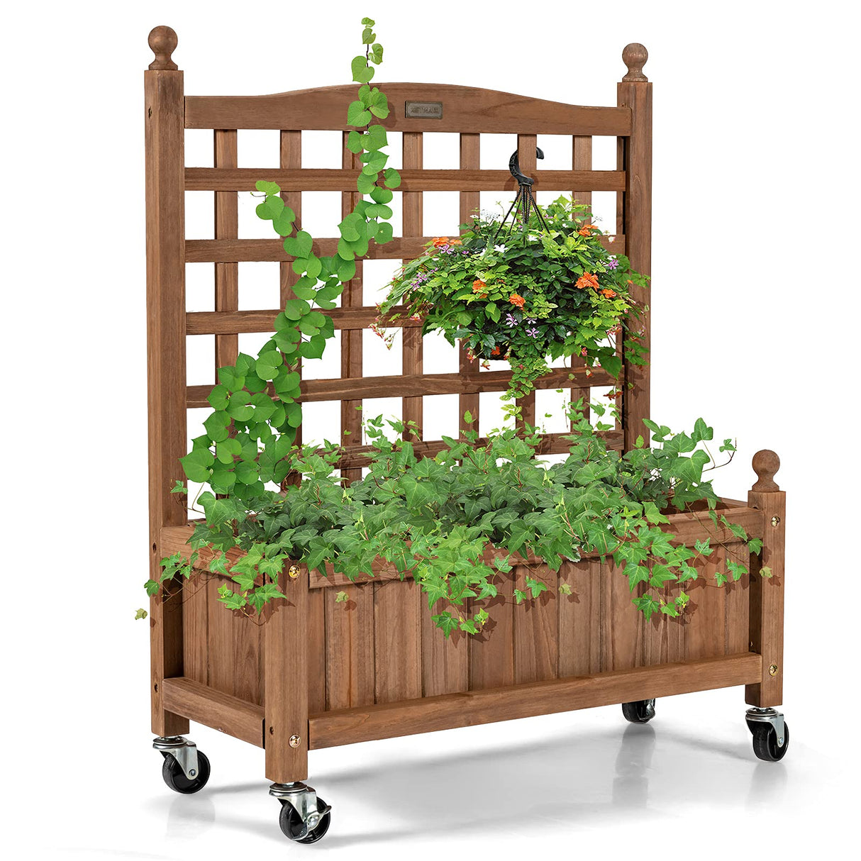 Giantex Mobile Plant Raised Bed, Wood Planter with Lattice Trellis and Wheels, Flower Box for Plant Climbing, Vertical Garden for Balcony Patio Yard Giantex