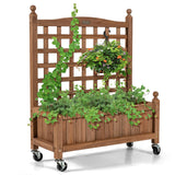 Giantex Mobile Plant Raised Bed, Wood Planter with Lattice Trellis and Wheels, Flower Box for Plant Climbing, Vertical Garden for Balcony Patio Yard Giantex