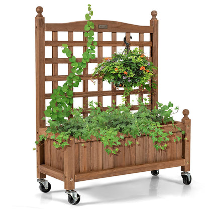 Giantex Mobile Plant Raised Bed, Wood Planter with Lattice Trellis and Wheels, Flower Box for Plant Climbing, Vertical Garden for Balcony Patio Yard - WoodArtSupply