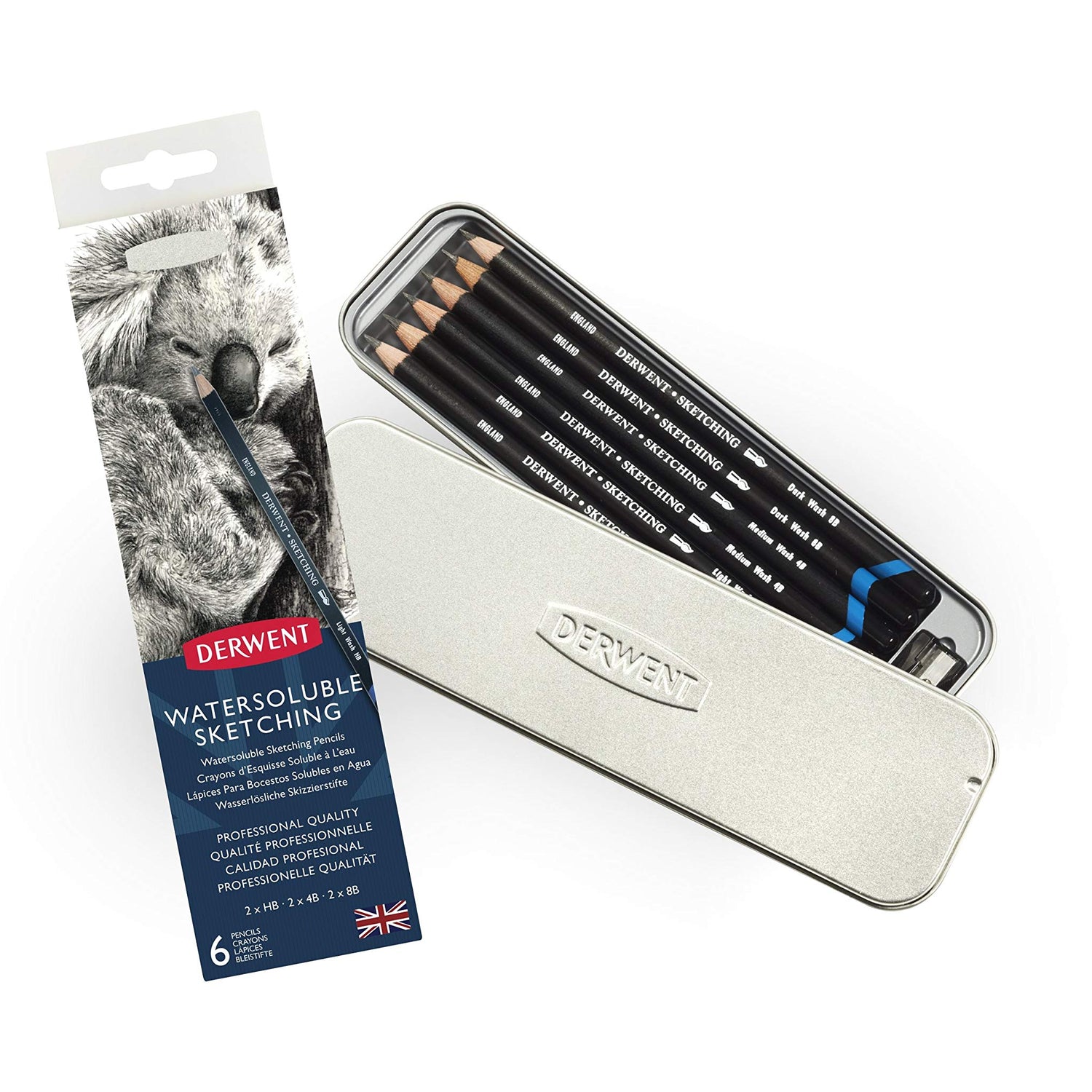 Derwent Watersoluble Sketching Pencils, Metal Tin, 6 Count (0700837) Derwent