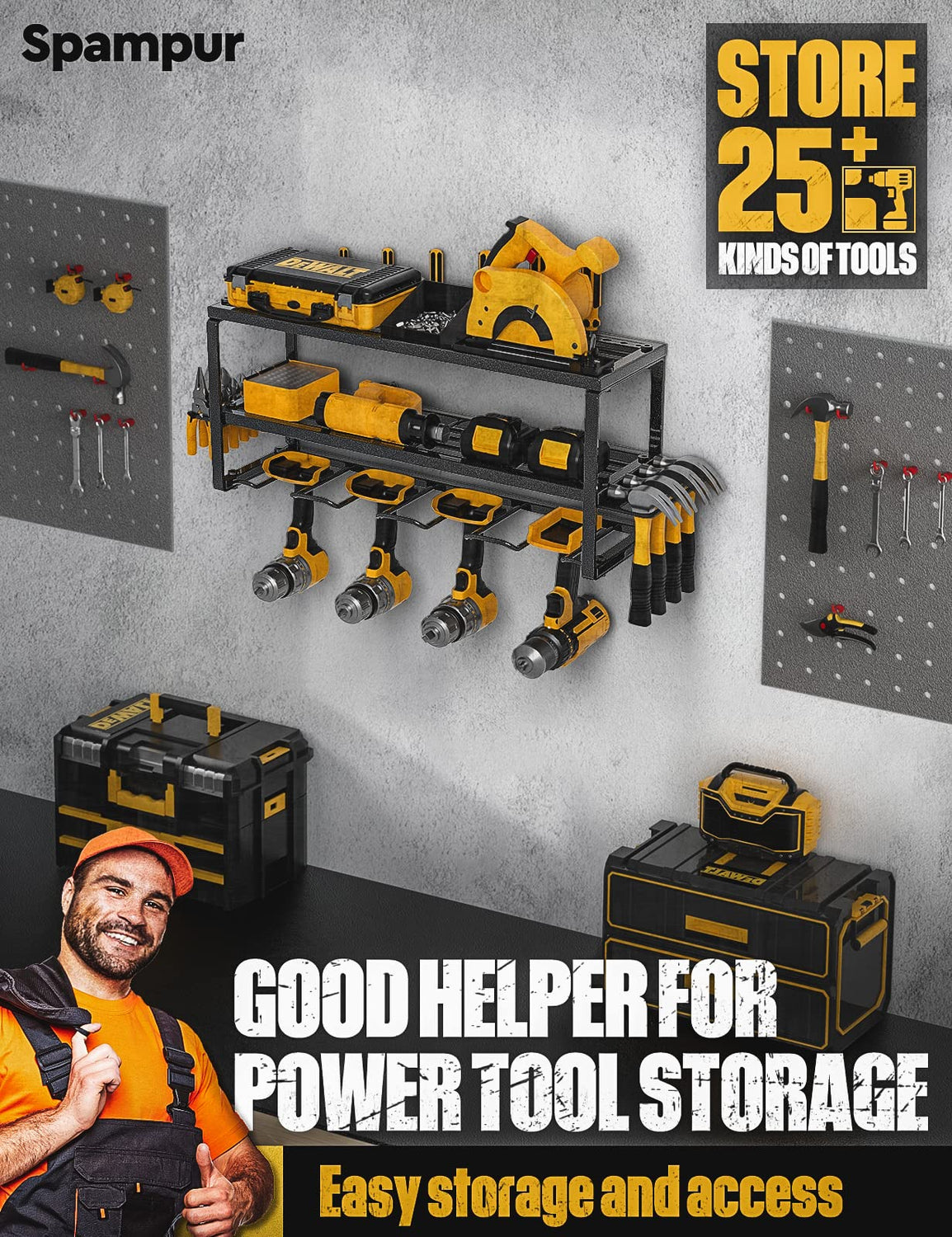 Spampur Power Tool Organizer with Charging Station, 4 Drill Holder Wall Mount, Garage Storage Rack for Handheld, Metal Tool Shelf Utility Rack for Spampur