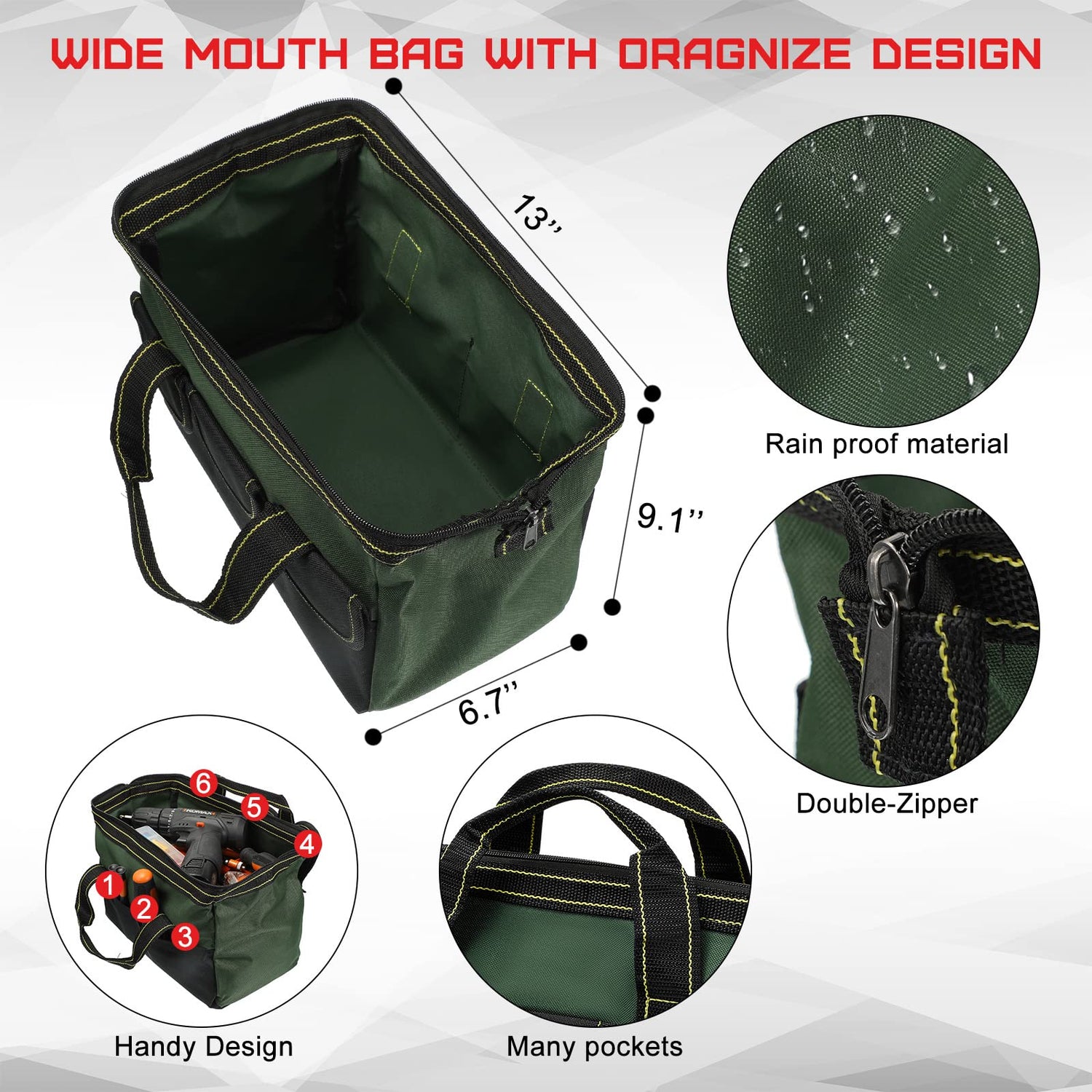 4 Pieces Tool Bag with Waterproof Strong Molded Base Multi Pockets Wide Mouth Tool Tote Multifunctional Tool Bag Large Capacity Organizer Heavy Duty Cunno