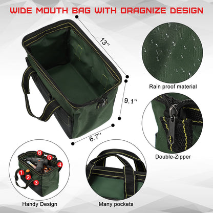 4 Pieces Tool Bag with Waterproof Strong Molded Base Multi Pockets Wide Mouth Tool Tote Multifunctional Tool Bag Large Capacity Organizer Heavy Duty