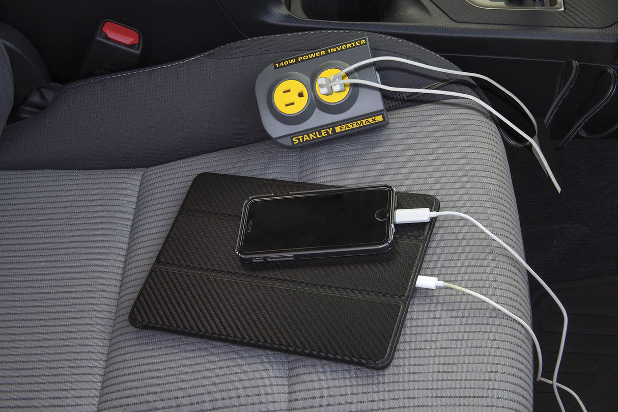 STANLEY FATMAX PCI140 140W Power Inverter: 12V DC to 120V AC Power Outlet with Dual USB Ports STANLEY