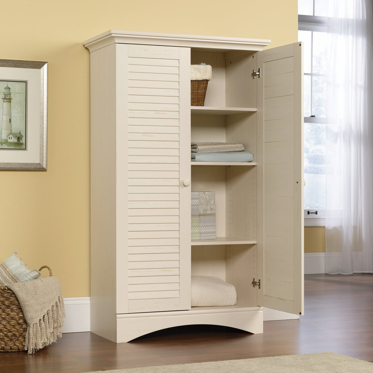 Sauder Harbor View Storage Pantry Cabinet, L: 35.43" x W: 16.73" x H: 61.02", Antiqued White finish Sauder